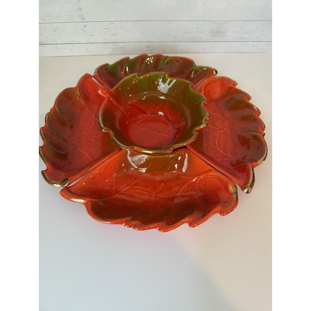 Vintage California Pottery #814 Leaf Serving Set 5 Pc Orange Gold MCM Fall 14.5"